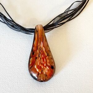 Art Glass Pendant Teardrop Brown Gold Sparkle Necklace Charm Black Ribbon